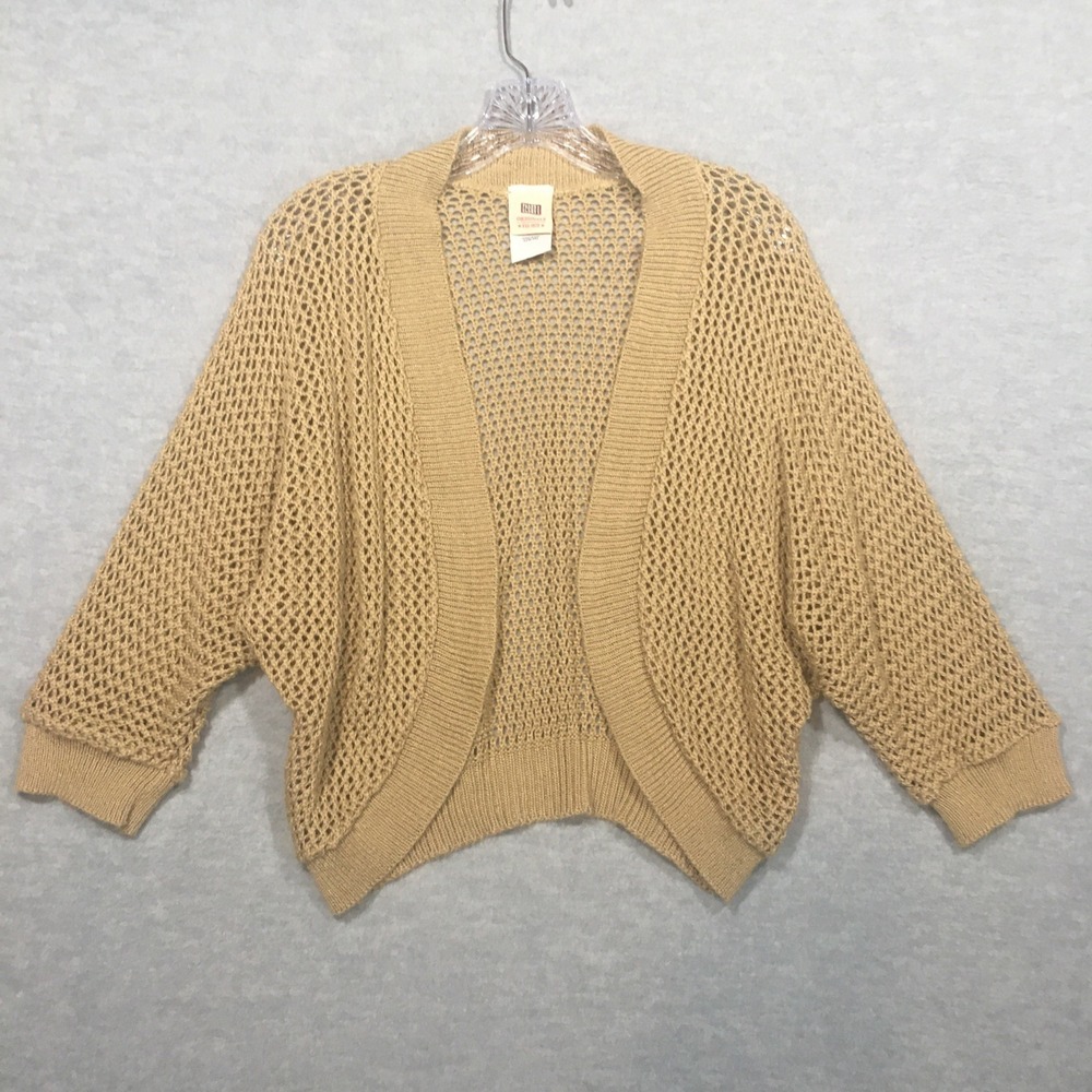 Faded Glory Large Tan Dolman 3/4 Sleeve Open Cardigan Tapered Hem Open Knit
